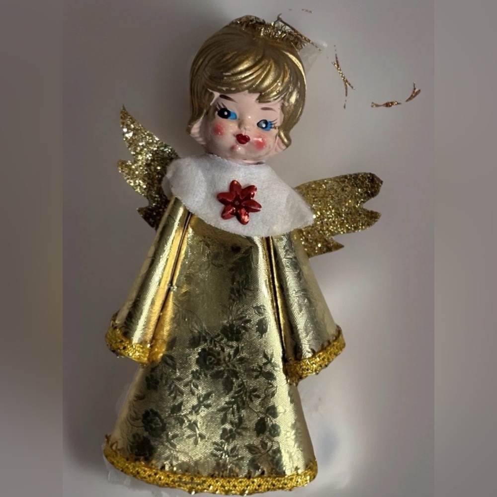 MCM Angel Christmas Tree Ornament Gold Board Cone Body Vinyl Head Japan 6” VTG